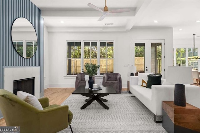 living area featuring light wood finished floors, french doors, visible vents, ceiling fan, and recessed lighting