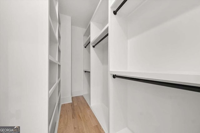 walk in closet with light wood finished floors