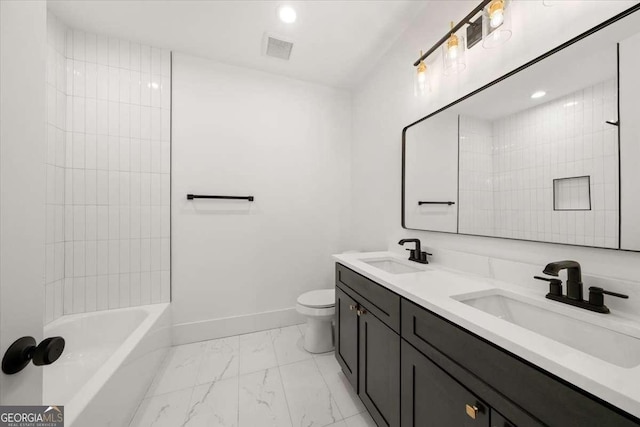 bathroom with a sink, toilet, marble finish floor, and visible vents