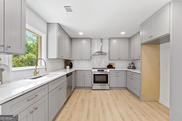 kitchen featuring stainless steel appliances, a sink, wall chimney exhaust hood, and gray cabinets