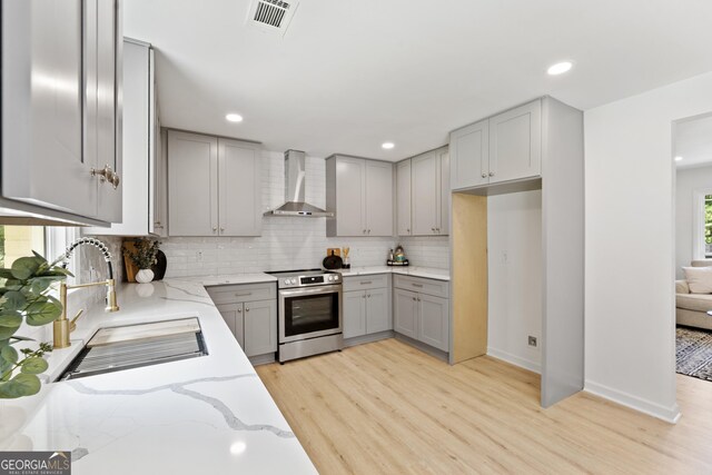 kitchen featuring stainless steel electric range oven, visible vents, a sink, wall chimney range hood, and gray cabinets