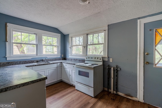 1388 Metropolitan Ave SE, Atlanta, GA 30316 - kitchen with lofted ceiling, a textured ceiling, a sink, white electric range oven, and wood finished floors