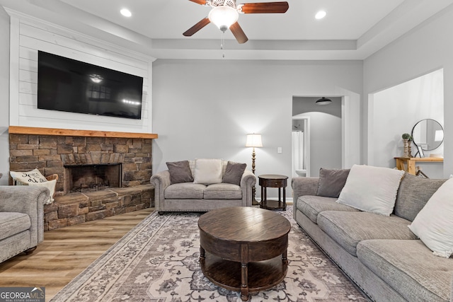 88 Carl Williams Rd, Senoia, GA 30276 - living area with a ceiling fan, wood finished floors, a fireplace, and recessed lighting