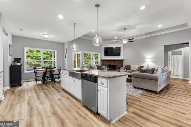 88 Carl Williams Rd, Senoia, GA 30276 - kitchen featuring stainless steel dishwasher, a sink, a fireplace, white cabinetry, and light wood-style floors