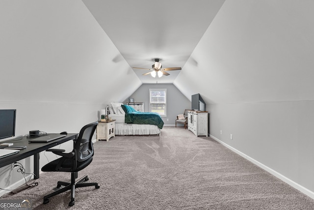 88 Carl Williams Rd, Senoia, GA 30276 - bedroom with carpet flooring, baseboards, vaulted ceiling, a desk, and ceiling fan