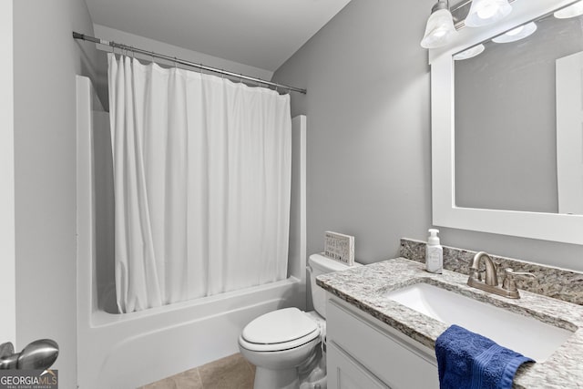 88 Carl Williams Rd, Senoia, GA 30276 - full bathroom with toilet, vanity, shower / bath combo with shower curtain, and tile patterned flooring