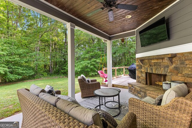 88 Carl Williams Rd, Senoia, GA 30276 - view of patio / terrace featuring an outdoor living space with a fireplace and ceiling fan