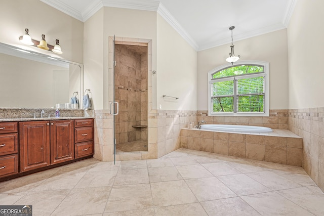 350 Greystone Dr, Milledgeville, GA 31061 - full bathroom with vanity, ornamental molding, a shower stall, and a bath