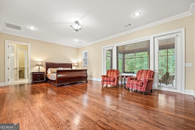 350 Greystone Dr, Milledgeville, GA 31061 - bedroom featuring crown molding, access to outside, visible vents, and wood finished floors