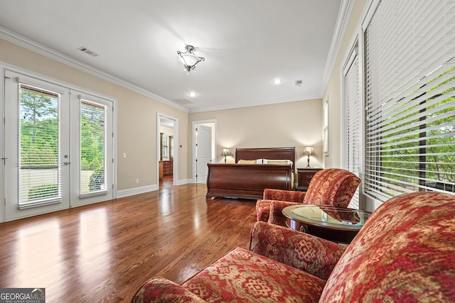 350 Greystone Dr, Milledgeville, GA 31061 - bedroom featuring french doors, wood finished floors, access to exterior, visible vents, and ornamental molding
