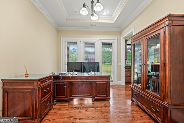 350 Greystone Dr, Milledgeville, GA 31061 - office space with ornamental molding, visible vents, a chandelier, wood finished floors, and a raised ceiling