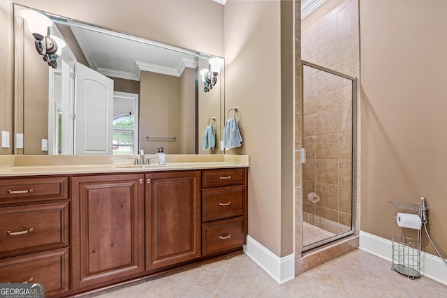 350 Greystone Dr, Milledgeville, GA 31061 - bathroom with a stall shower, vanity, ornamental molding, and baseboards