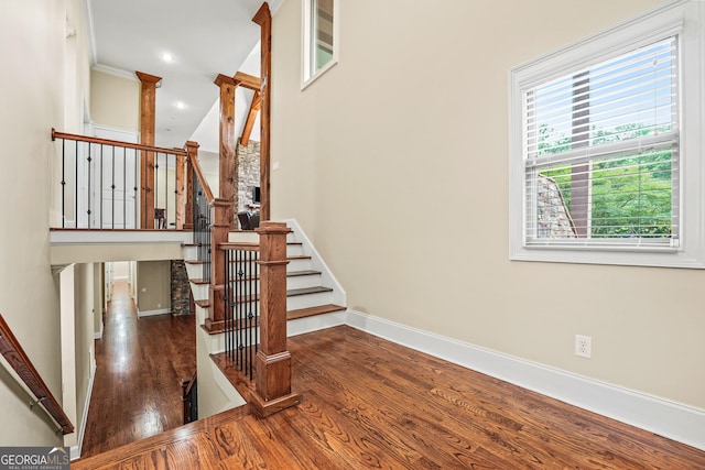 350 Greystone Dr, Milledgeville, GA 31061 - stairs featuring wood finished floors, baseboards, and recessed lighting