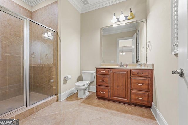 350 Greystone Dr, Milledgeville, GA 31061 - full bathroom featuring baseboards, ornamental molding, toilet, and a shower stall