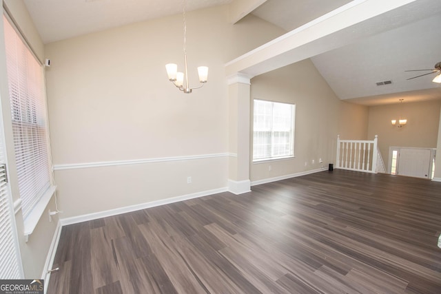 unfurnished dining area featuring wood finished floors, baseboards, visible vents, and vaulted ceiling with beams