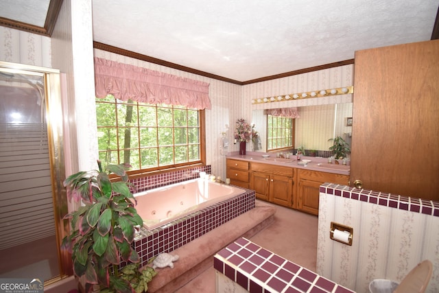 4056 Ryckeley Dr, Gainesville, GA 30504 - full bathroom featuring a stall shower, ornamental molding, and wallpapered walls