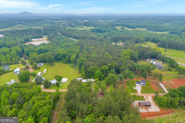 birds eye view of property featuring a forest view
