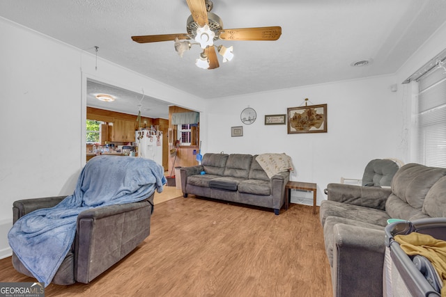 living area with light wood finished floors, ceiling fan, and a textured ceiling