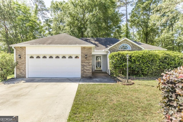ranch-style house featuring an attached garage, brick siding, driveway, and a front lawn