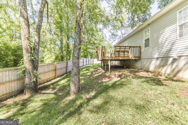 view of yard with a wooden deck and a fenced backyard