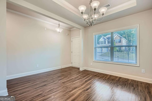 unfurnished dining area with baseboards, dark wood-style flooring, and ornamental molding