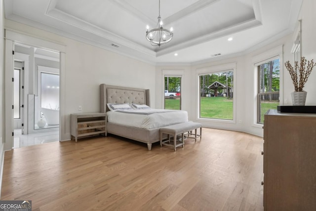 852 Tom Miller Rd, Bethlehem, GA 30620 - bedroom featuring a tray ceiling, a notable chandelier, crown molding, light wood-type flooring, and recessed lighting