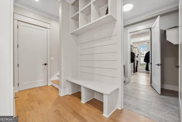 852 Tom Miller Rd, Bethlehem, GA 30620 - mudroom featuring light wood finished floors, crown molding, baseboards, and recessed lighting