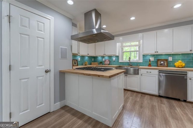 kitchen featuring butcher block counters, a sink, island exhaust hood, stainless steel appliances, and white cabinets