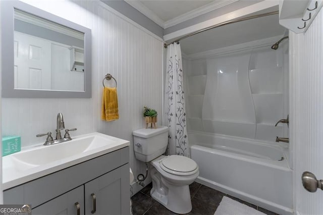 bathroom featuring toilet, shower / bath combo, tile patterned floors, vanity, and ornamental molding