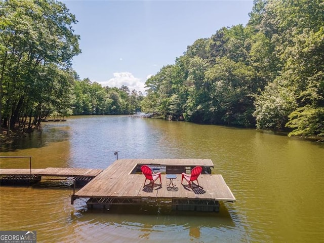 dock area featuring a water view and a view of trees