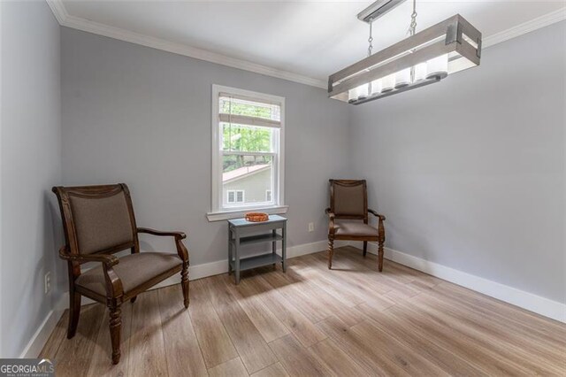 living area featuring wood finished floors, baseboards, and ornamental molding