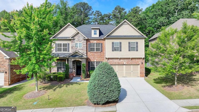 craftsman inspired home with concrete driveway, a garage, brick siding, a front yard, and stone siding