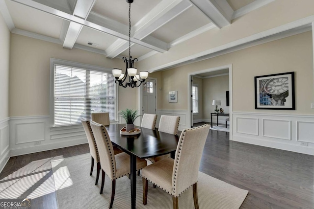 dining area featuring a chandelier, coffered ceiling, a wainscoted wall, beamed ceiling, and dark wood-type flooring