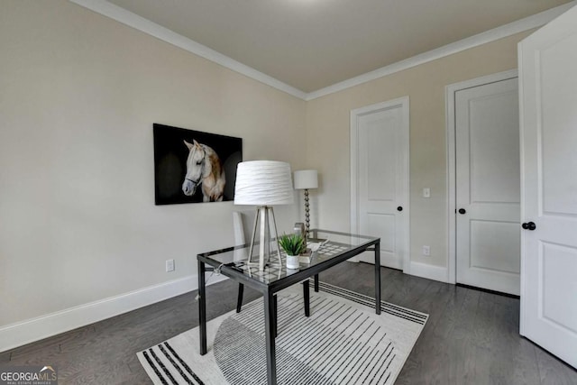 home office featuring baseboards, crown molding, and dark wood-style floors