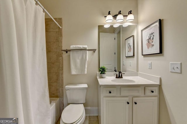 full bath with toilet, vanity, and shower / bathtub combination with curtain