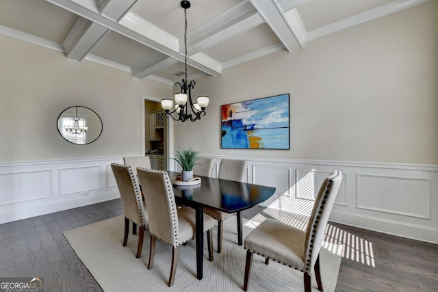 dining room featuring a chandelier, coffered ceiling, beam ceiling, wainscoting, and a decorative wall
