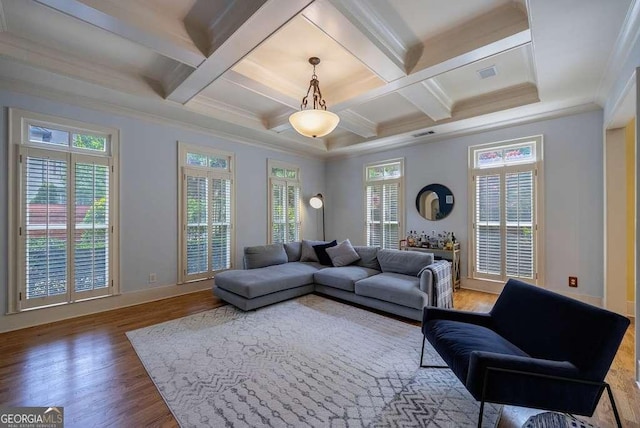 3127 Lenox Rd NE Unit 1, Atlanta, GA 30324 - living room with a wealth of natural light, coffered ceiling, and wood finished floors