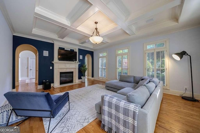 3127 Lenox Rd NE Unit 1, Atlanta, GA 30324 - living room with coffered ceiling, arched walkways, and beam ceiling