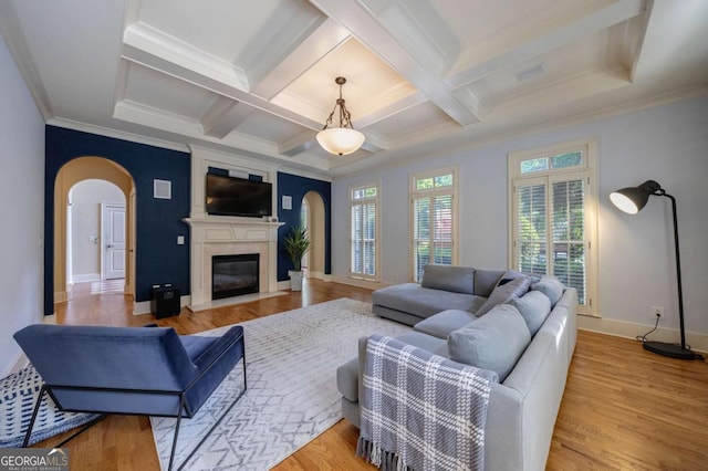 3127 Lenox Rd NE Unit 1, Atlanta, GA 30324 - living area featuring coffered ceiling, arched walkways, and wood finished floors