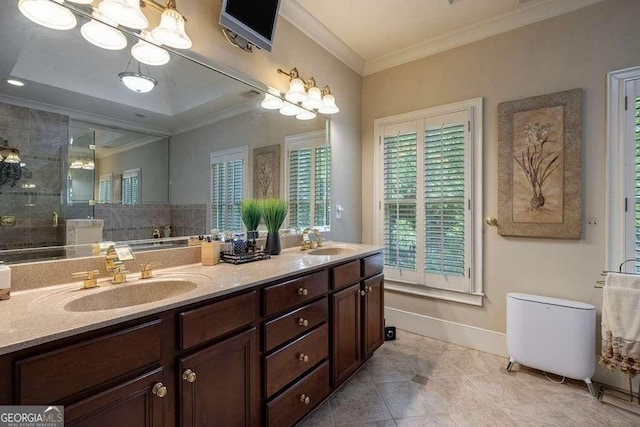 3127 Lenox Rd NE Unit 1, Atlanta, GA 30324 - bathroom with a sink, tile patterned flooring, ornamental molding, and a tile shower