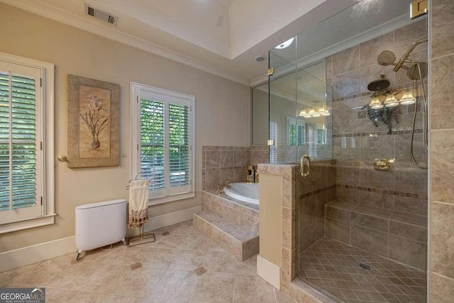 3127 Lenox Rd NE Unit 1, Atlanta, GA 30324 - bathroom featuring a stall shower, crown molding, a garden tub, and baseboards