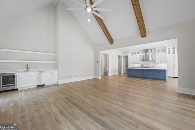 1301 Grayson Pointe Dr, Buckhead, GA 30625 - unfurnished living room with beverage cooler, high vaulted ceiling, ceiling fan, light wood-style floors, and a sink