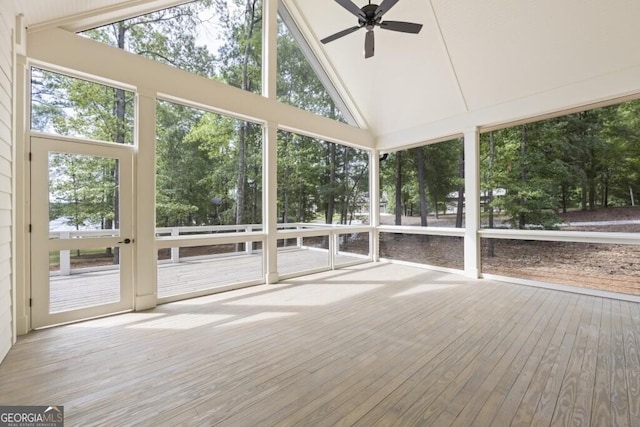 1301 Grayson Pointe Dr, Buckhead, GA 30625 - unfurnished sunroom with ceiling fan and lofted ceiling