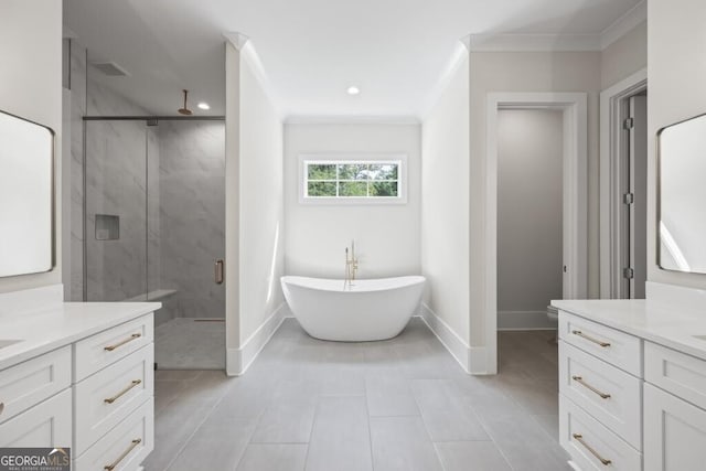 1301 Grayson Pointe Dr, Buckhead, GA 30625 - bathroom featuring a marble finish shower, vanity, baseboards, tile patterned flooring, and ornamental molding