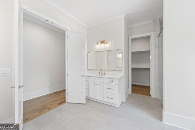 1301 Grayson Pointe Dr, Buckhead, GA 30625 - bathroom with vanity, ornamental molding, tile patterned floors, baseboards, and a shower