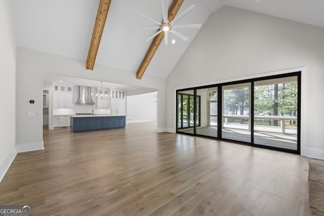 1301 Grayson Pointe Dr, Buckhead, GA 30625 - unfurnished living room with high vaulted ceiling, a ceiling fan, baseboards, wood finished floors, and beam ceiling