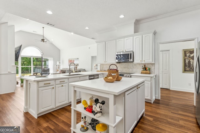 kitchen with appliances with stainless steel finishes, a center island, a sink, open shelves, and a ceiling fan