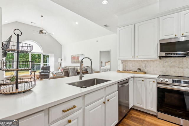 kitchen featuring appliances with stainless steel finishes, a ceiling fan, a sink, open floor plan, and lofted ceiling