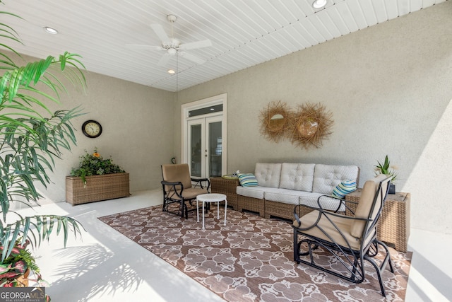view of patio featuring french doors, outdoor lounge area, and ceiling fan
