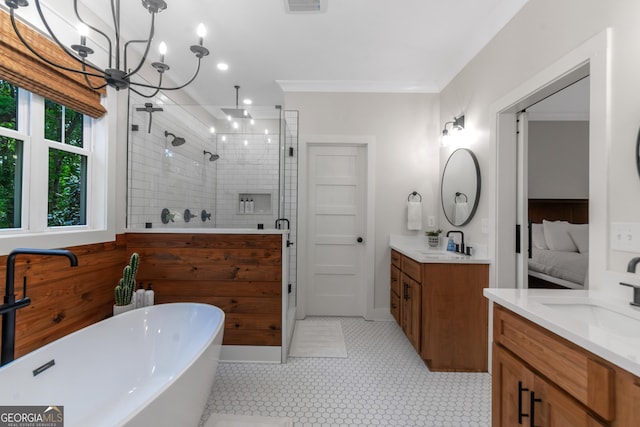 full bath featuring a freestanding bath, a stall shower, two vanities, and a sink